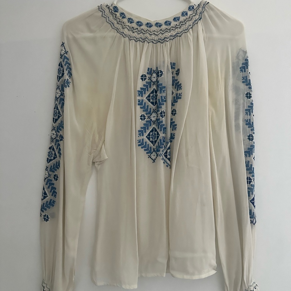 Embroidered Peasant Blouse - Cream with Blue Accents